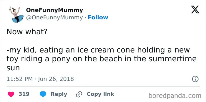 Screenshot of a funny mom tweet about a child eating ice cream and riding a pony, highlighting relatable mom humor.