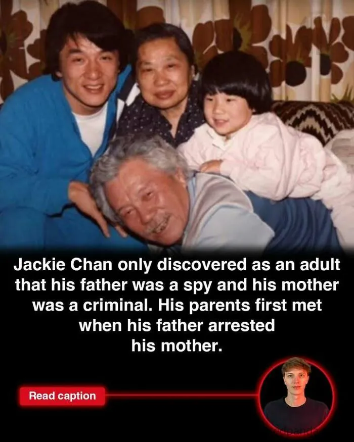 Family portrait with Jackie Chan and text about his parents, related to GTA made in Scotland fun facts.