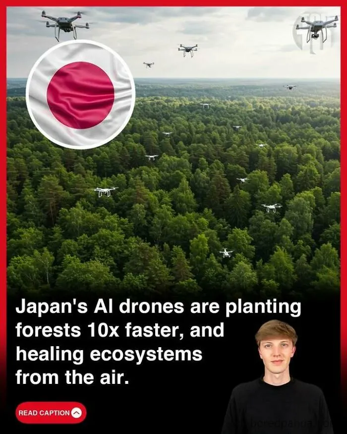 Drones planting forests in Japan using AI technology, showcasing innovative facts about the world and nature's ecosystems.