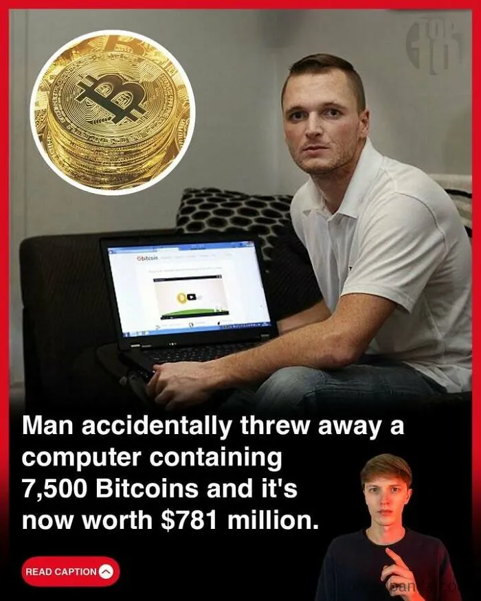 Man sitting with laptop showing Bitcoin webpage, illustrating a story about lost Bitcoin fortune and GTA made in Scotland fact.