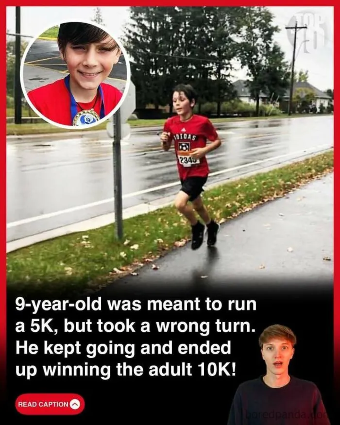 Young boy running a race and winning an adult 10K, featured in fun facts about GTA made in Scotland.
