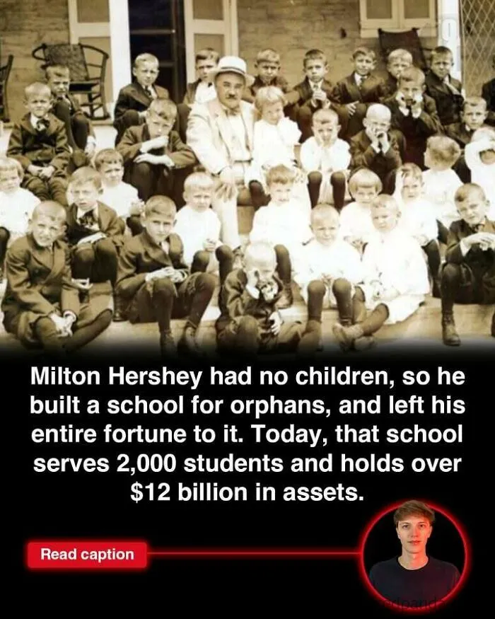 Vintage photo of Milton Hershey with orphans at the school he founded, related to GTA made in Scotland fun facts.