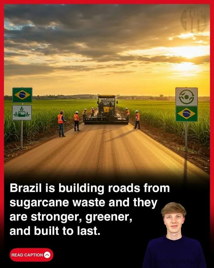 Workers in orange vests build sustainable roads in Brazil using sugarcane waste, showcasing eco-friendly innovation and green infrastructure.