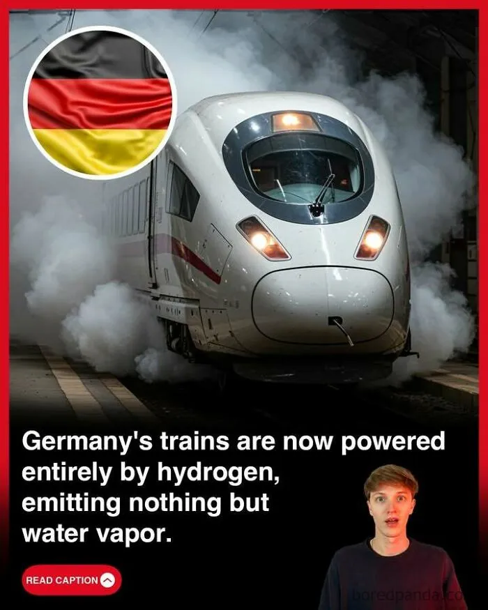 High-speed German train emitting water vapor, illustrating a fun fact about innovation for curious minds and GTA made in Scotland.