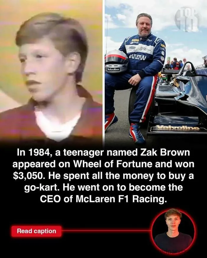 Split image showing young Zak Brown on Wheel of Fortune and Zak Brown in racing gear as McLaren F1 CEO, related to GTA made in Scotland facts.