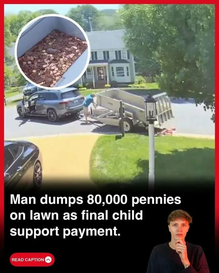 Man unloading trailer filled with pennies on lawn with inset close-up of thousands of pennies spilled outside GTA fun facts context.