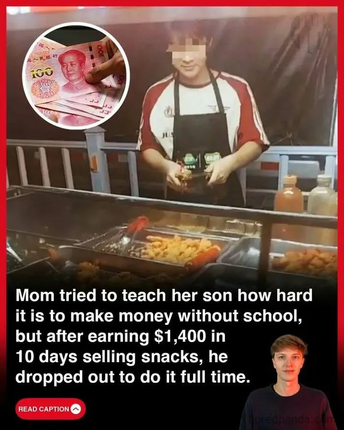 Young person selling snacks at a food stall with text about earning money, related to GTA is made in Scotland facts.