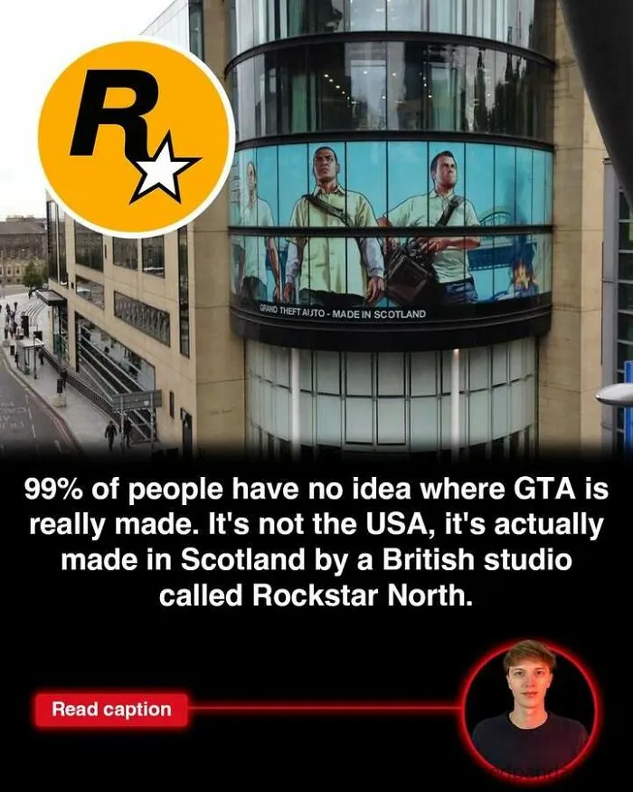 Building with GTA characters displayed, highlighting GTA made in Scotland by Rockstar North studio.
