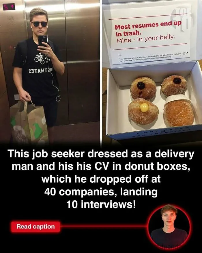 Man dressed as delivery person holding bag, with donuts and CV boxes illustrating creative job seeking, related to GTA made in Scotland.
