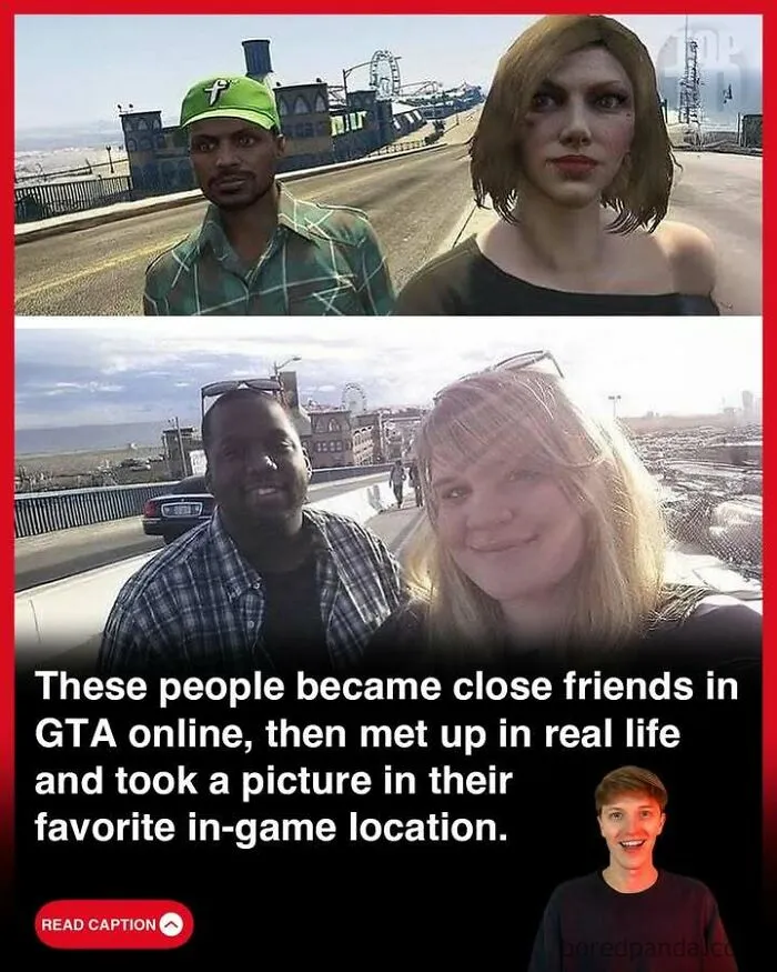 Two friends who met in GTA online pose in real life at their favorite in-game location from the game GTA.