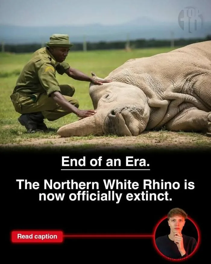A ranger kneeling beside the last Northern White Rhino lying on grass, highlighting a sad end of an era fact.