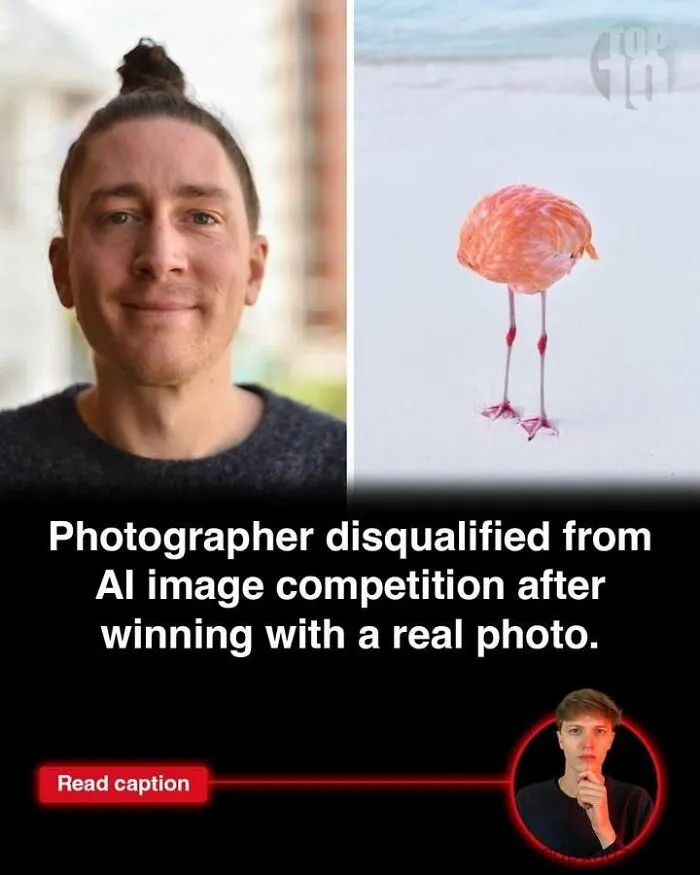 Photographer disqualified from AI competition with real photo alongside flamingo on beach, related to GTA made in Scotland facts.