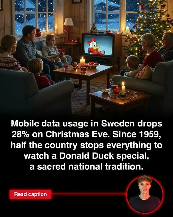 Family gathered in a cozy living room watching a Donald Duck special during Christmas, highlighting fun world facts about GTA.