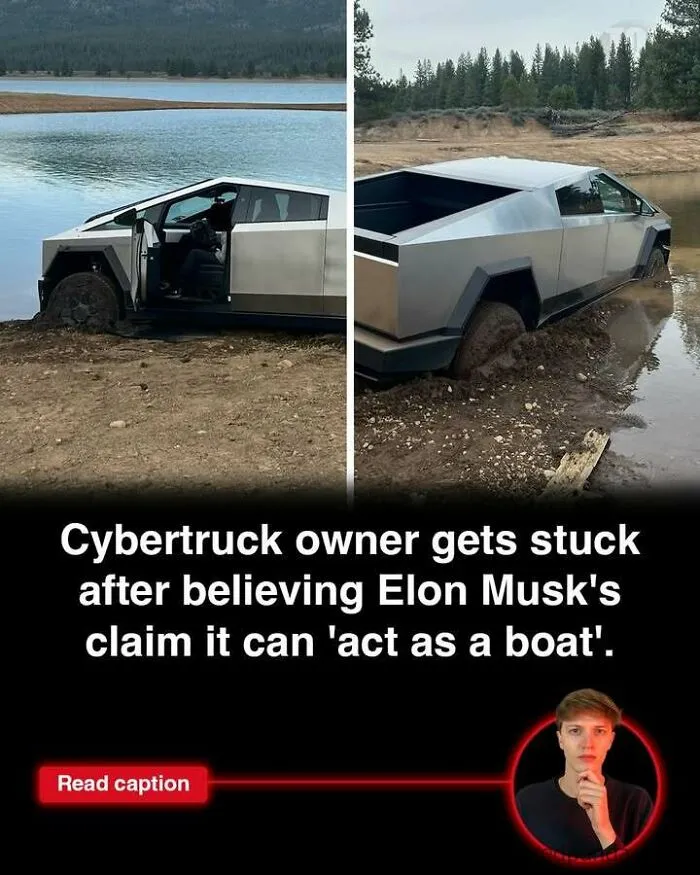 Cybertruck stuck in mud near water, illustrating the curious world of vehicles and technology challenges.