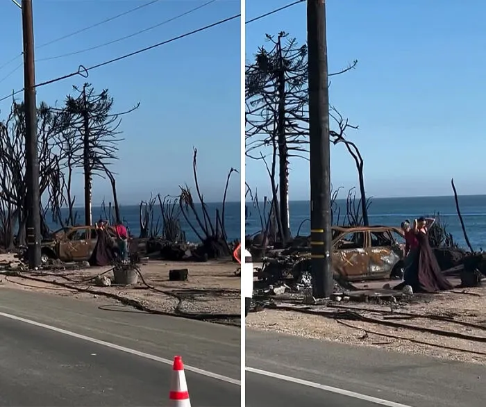 Influencers vergonzosos posando sin sentido común ni moral junto a autos quemados y paisaje destruido frente al mar.