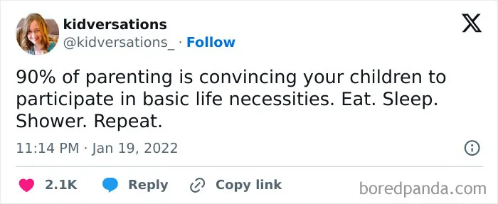 Twitter post about parenting humor, highlighting everyday challenges as a funny mom post offering a sanity break.