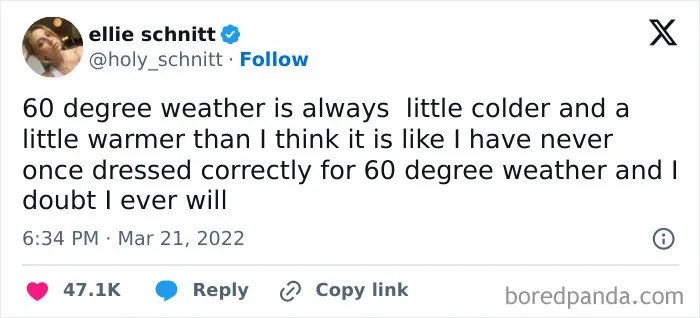 Funny mom post tweet about struggling to dress for 60 degree weather, highlighting relatable parenting humor.