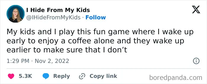 Tweet from I Hide From My Kids humorously describing a funny mom post about kids waking early to stop mom's coffee time.
