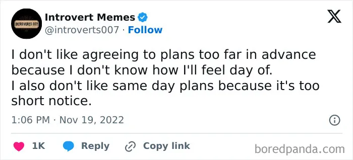 Tweet from Introvert Memes humorously describing the struggle of agreeing to plans in advance or on short notice.