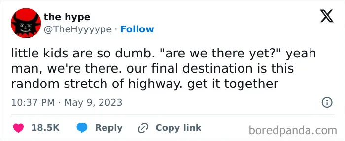 Funny mom post showing a humorous tweet about kids asking "are we there yet" during a long highway trip.