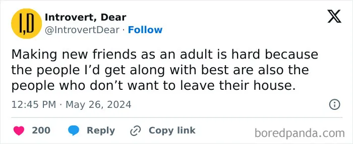 Tweet from Introvert, Dear humorously discussing the difficulty of making new friends as an adult, featured in funny mom posts.