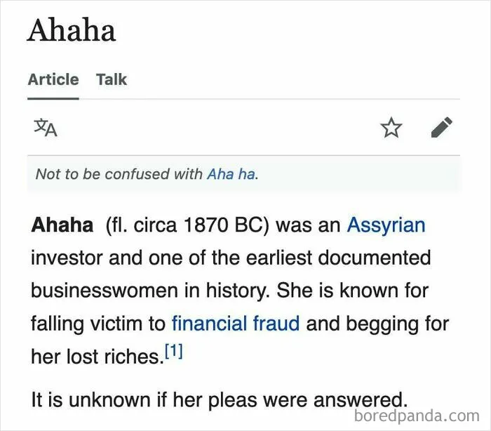 Snippet from a random Wikipedia article about Ahaha, an ancient Assyrian businesswoman involved in financial fraud.