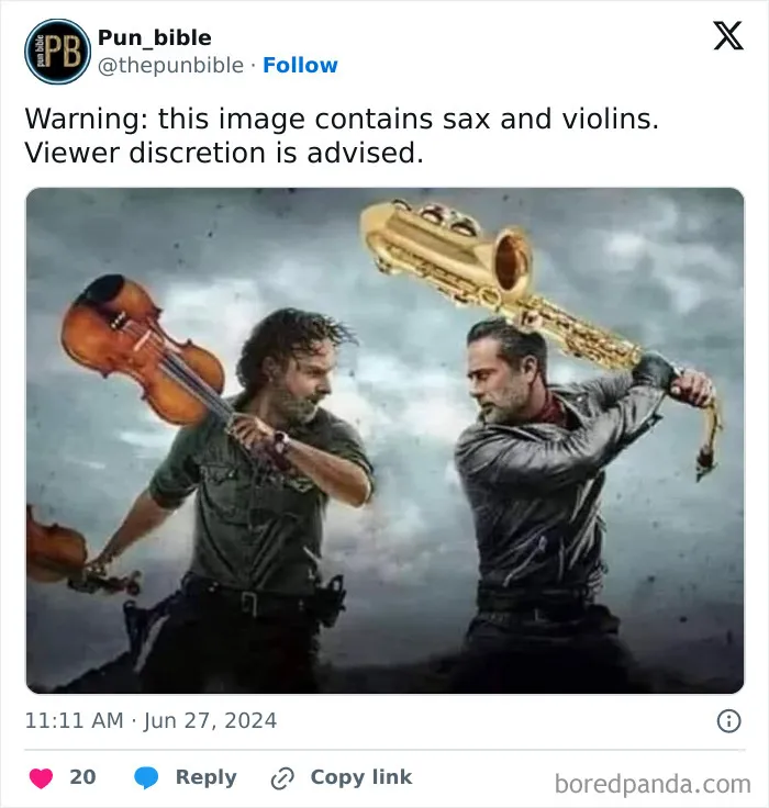 Two men in a dramatic pose wielding a violin and a saxophone, showcasing hilarious pun memes and wordplay comedy.
