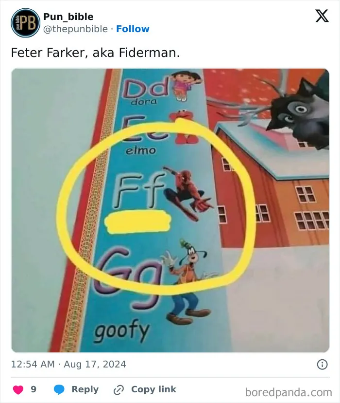 Alphabet wall with cartoon characters and a pun meme highlighting wordplay humor and funny pun memes.