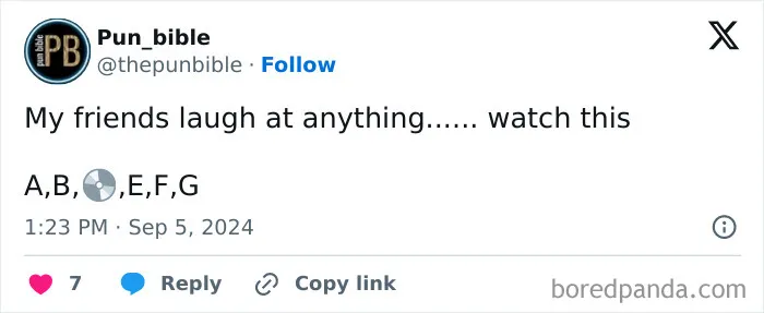 Tweet from Pun_bible with a pun using letter wordplay and a CD emoji, illustrating hilarious pun memes and wordplay comedy.