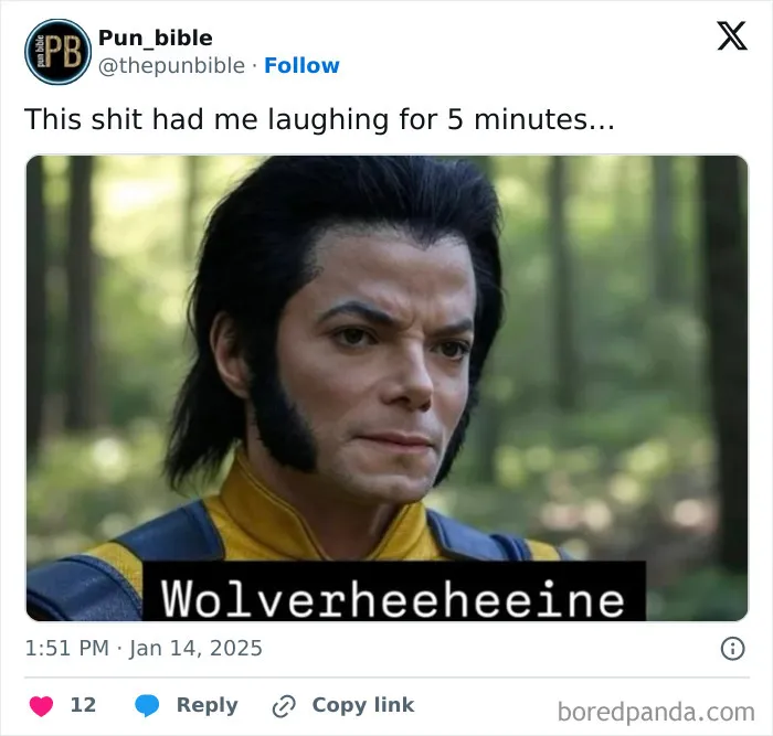Man dressed as Wolverine character in a forest setting with a pun caption, highlighting hilarious pun memes and wordplay comedy.
