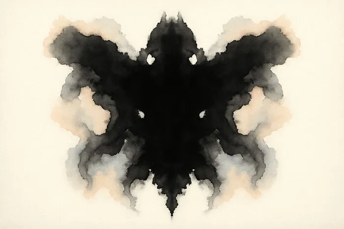 Rorschach inkblot with symmetrical black shapes and gray shades on a beige background for inkblot poll analysis.