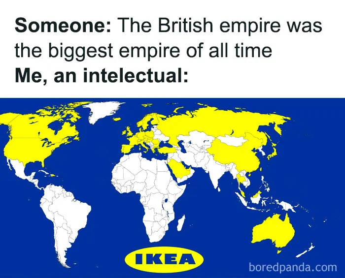 Map meme comparing the British empire and IKEA presence, highlighting history memes that teach about the past.