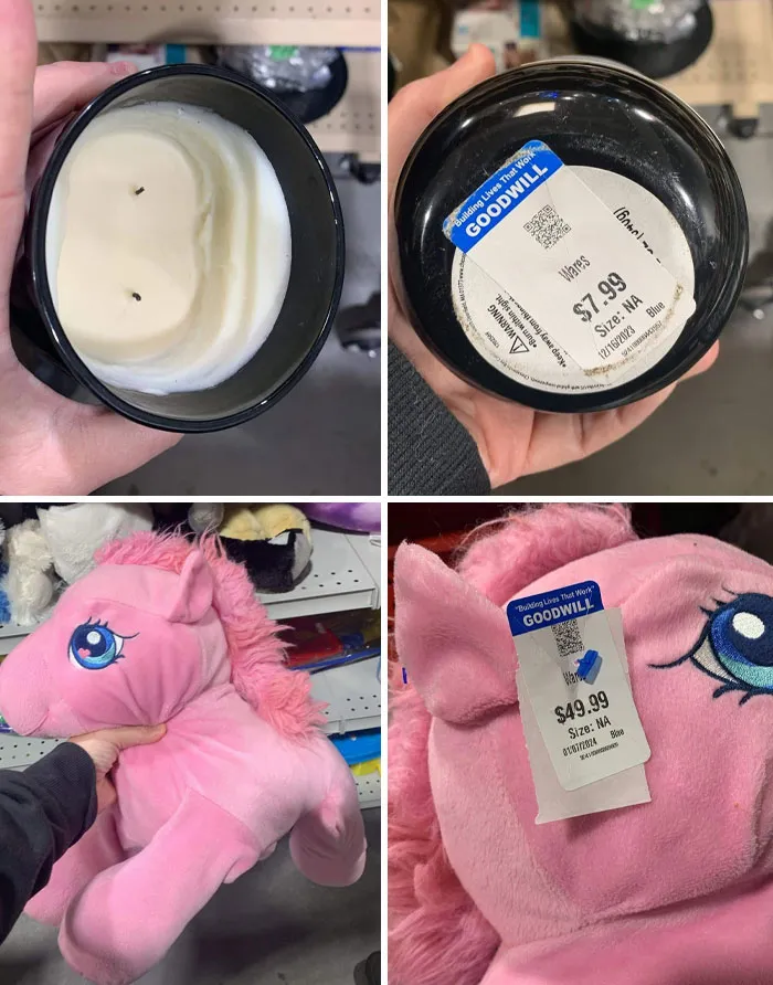 Ridiculous thrift store finds including an overpriced candle and an expensive pink plush unicorn toy at Goodwill.