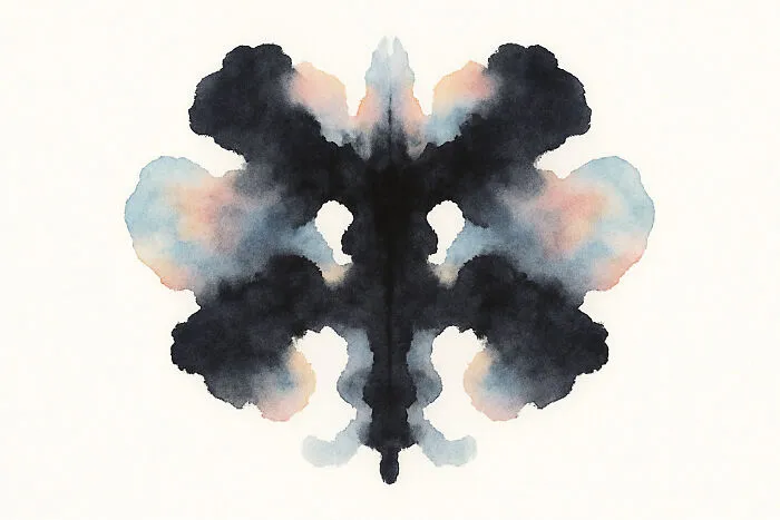 Rorschach inkblot with symmetrical black and pastel shapes for a psychological inkblot poll test.