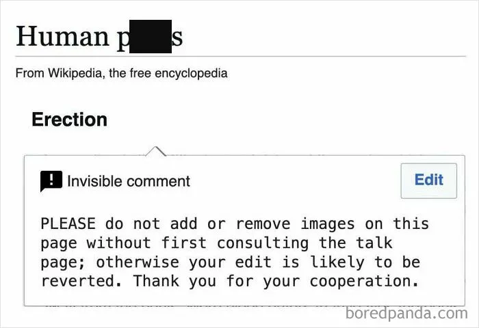 Screenshot of a random Wikipedia article page showing a humorous and interesting snippet with an invisible comment.