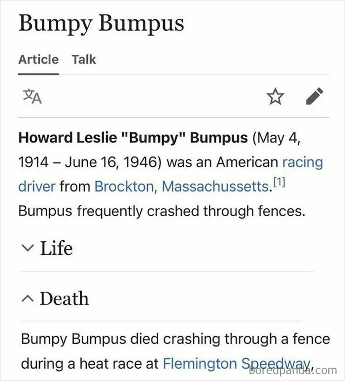 Screenshot of a Wikipedia article snippet about Bumpy Bumpus, a racing driver who frequently crashed fences.