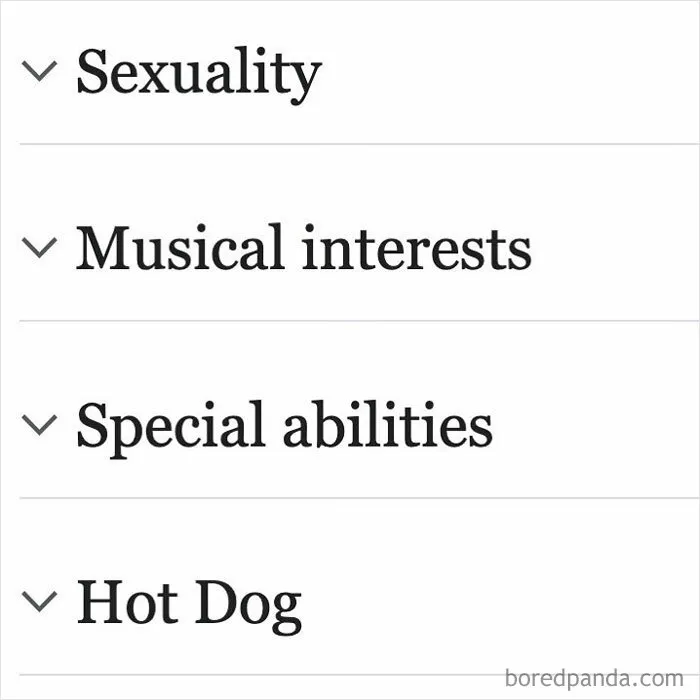 Expandable list showing topics including sexuality, musical interests, special abilities, and hot dog from random Wikipedia articles.