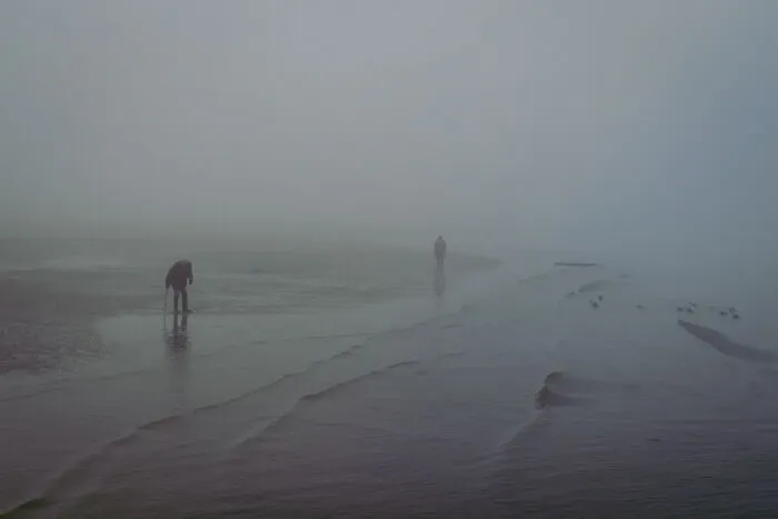 Foggy beach scene with two people and birds, capturing a perfectly-timed street photo by Luca Regoli.
