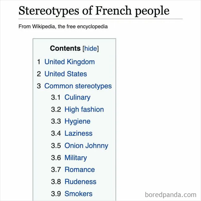 Wikipedia page snippet showing content sections on stereotypes of French people including culinary and fashion topics.