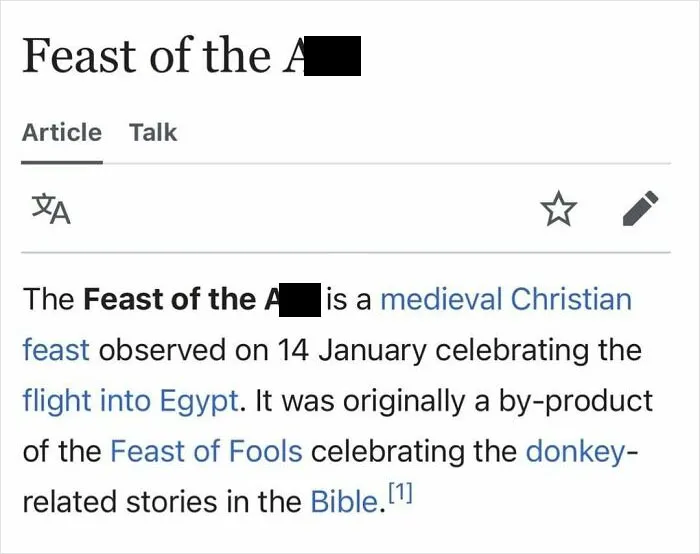 Screenshot of a random Wikipedia article snippet about a medieval Christian feast, featured in funny and interesting snippets.