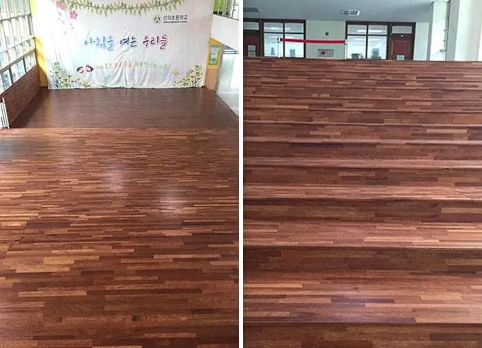 Left, Picture Of Stairs From Top-The Wood Planks Run Parallel To Stair Edges Seemingly Forming A Flat Surface. Right, Steps Viewed From Bottom After Fall