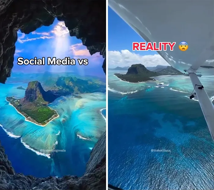Aerial view of a tropical island showing Instagram vs reality travel moments from different perspectives.