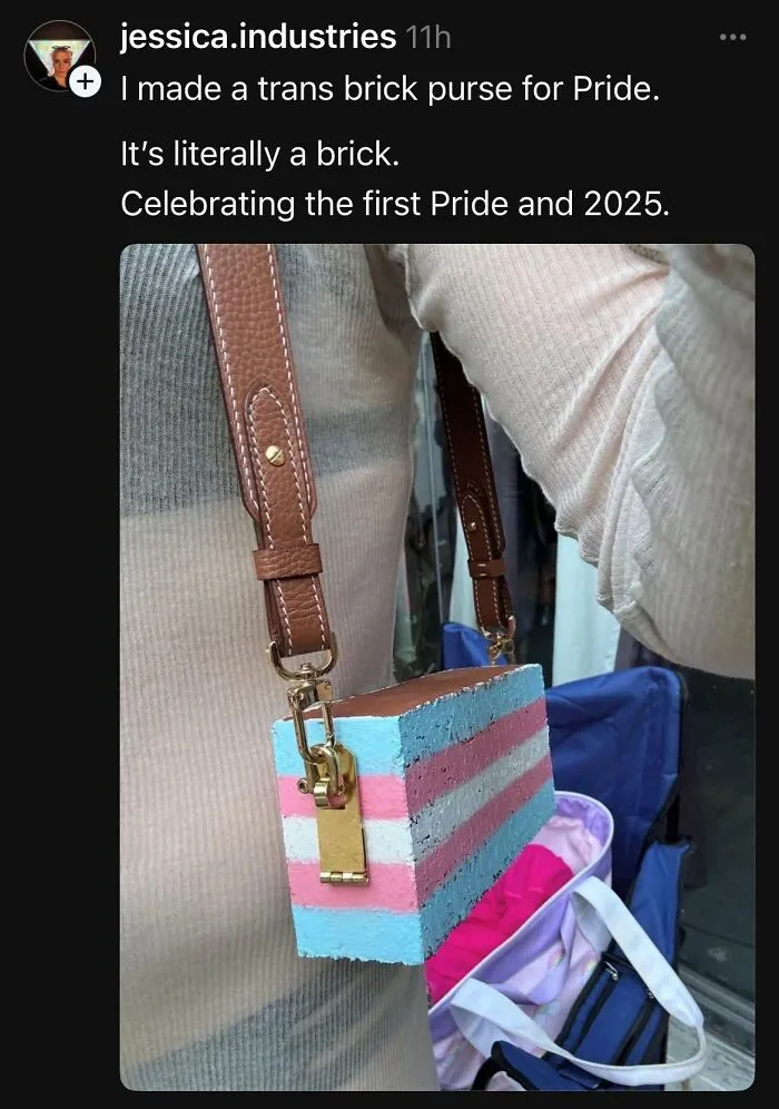 DIY craft fail showing a brick painted with trans pride colors made into a purse with leather straps and a gold clasp.