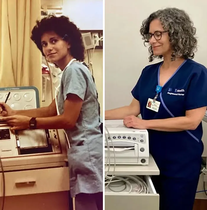 Me acabo de jubilar tras 42 años como enfermera obstétrica en el mismo hospital. ¡Aquí estoy, al principio (1979) y al final de mi carrera!