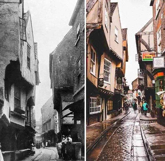 The Shambles en York (Reino Unido): Inspiración para el Callejón Diagon de Harry Potter. Finales del siglo XIX y actualidad.