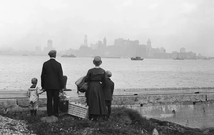 Immigrant Family At Ellis Island, Looking At New York's Skyline, 1925