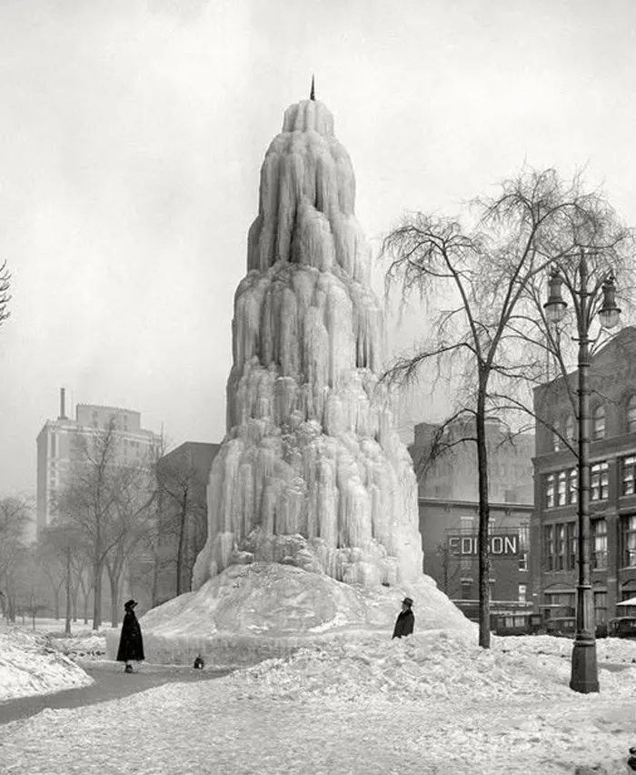 Men Observing Fountain That Froze Solid In Detroit, 1917