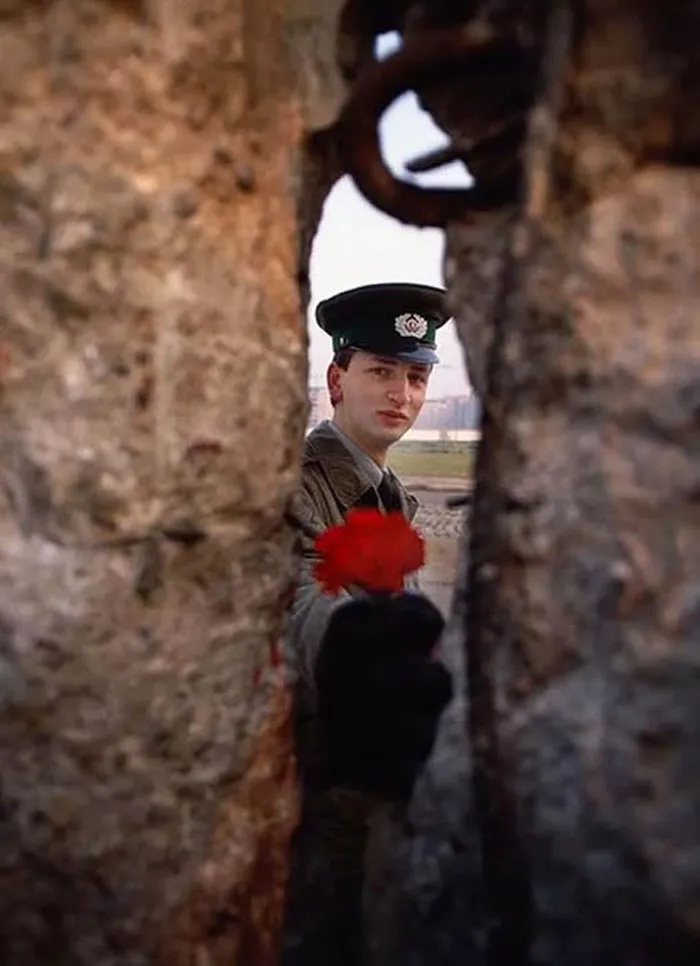 Un soldado de Alemania Oriental pasa una flor a través del Muro de Berlín antes de su derribo, 1989