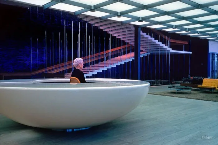 Mujer mayor sentada en silla moderna blanca en interior minimalista con escalera flotante y muebles vintage, foto histórica curiosa.