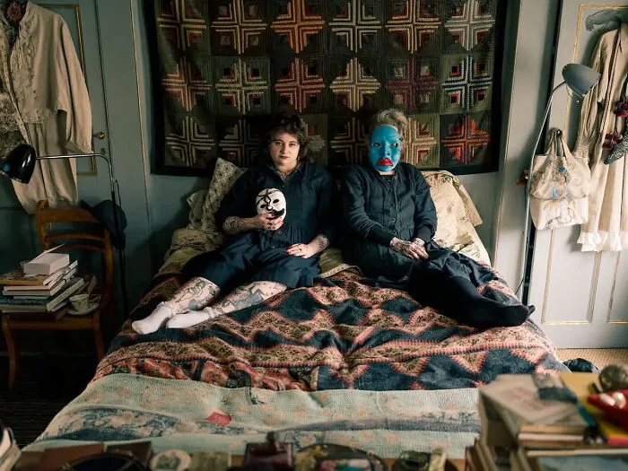 Lois And Her Mother Carey, Wearing Their Home-Made Clay Masks From The Series 'Lois & Carey' By Rona Bar And Ofek Avshalom